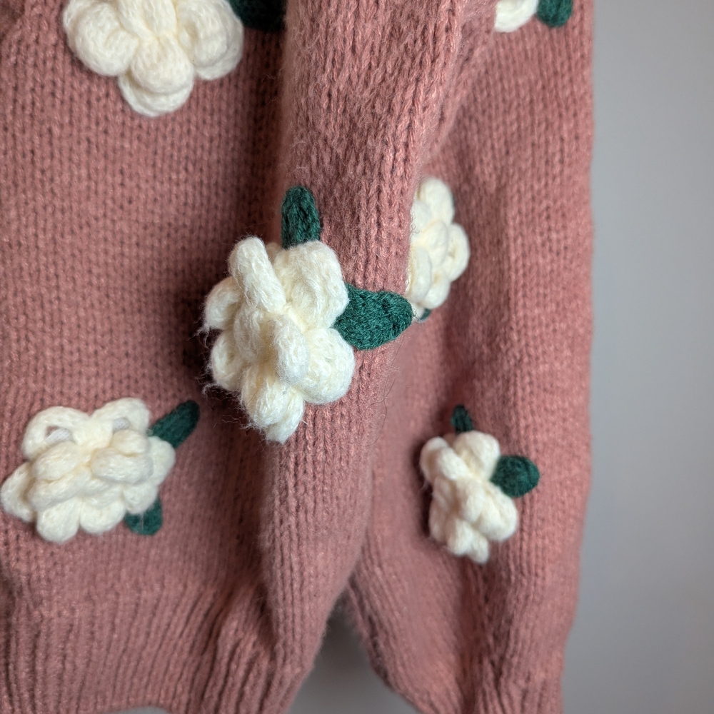 Luna Ivy Women's Size L Floral Embellished Pink Cardigan Sweater - Picture 5 of 9